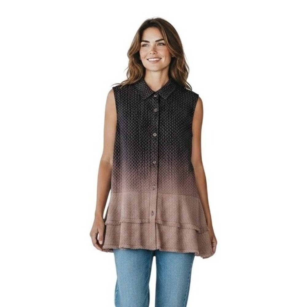 Mystree Sleeveless Ombre Tunic Top Tiered Fringe Hem Collared Button Front Boho